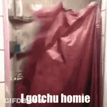 A Person Is Standing In A Shower With A Red Shower Curtain Hanging On The Wall . GIF