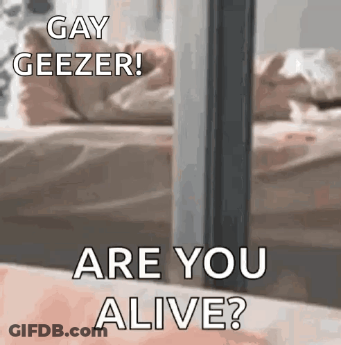 A Person Is Standing In Front Of A Bed With The Words `` Gay Geezer ! Are You Alive ? '' Written On It . GIF