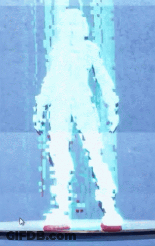 A Person Is Standing In Front Of A Blue Background With A Cursor Pointing To The Right GIF