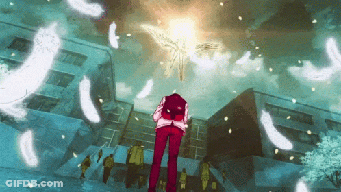 A Person Is Standing In Front Of A Building With Feathers Flying Around Them GIF