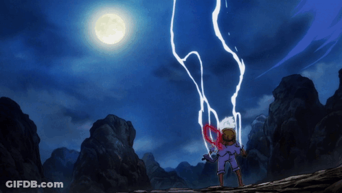 A Person Is Standing In Front Of A Full Moon With A Lightning Bolt Coming Out Of Their Hand GIF