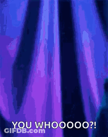 A Person Is Standing In Front Of A Purple Curtain With The Words `` You Whooooo '' Written On It . GIF