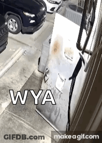 A Person Is Standing In Front Of A Refrigerator With The Words `` Wya '' On It . GIF