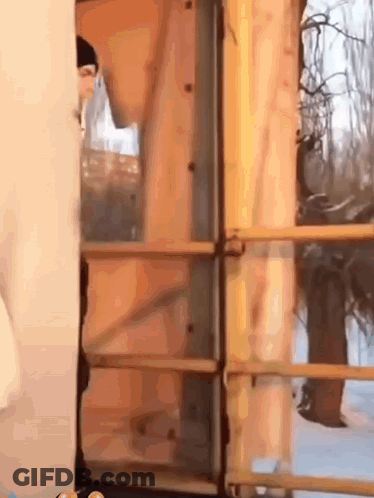 Person Standing In Front Of Wooden Door GIF