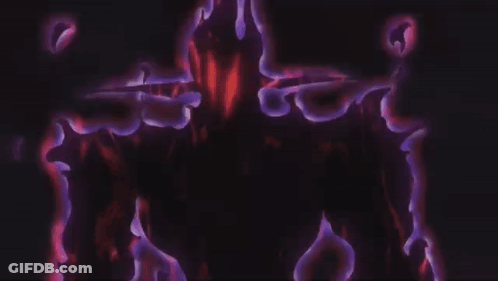 A Person Is Standing In The Middle Of A Dark Room With Purple And Red Smoke Coming Out Of It . GIF