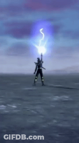 A Person Is Standing In The Middle Of A Field With A Lightning Bolt Coming From Their Hand . GIF