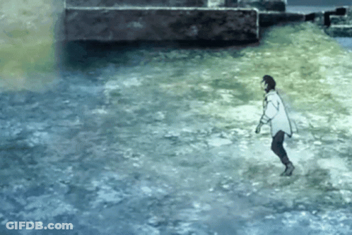 A Person Is Standing In The Water With A Sword . GIF