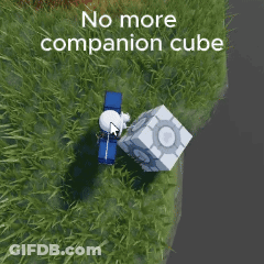 A Person Is Standing Next To A Cube In The Grass With The Words `` No More Companion Cube '' Written Above Them . GIF