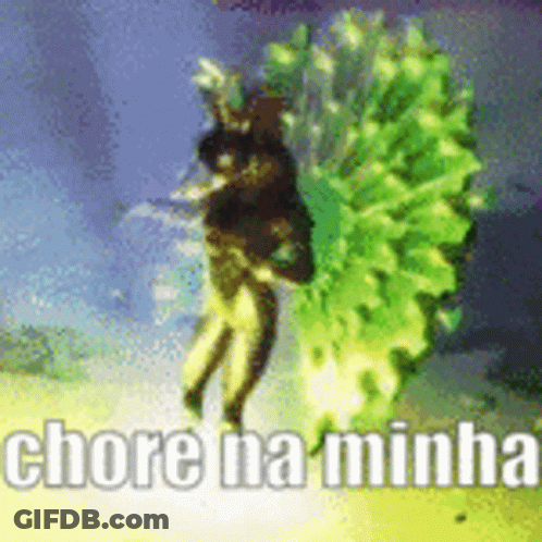 A Person Is Standing Next To A Green Plant With The Words Chore Na Minha Written On The Bottom . GIF
