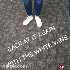 A Person Is Standing On A Brick Sidewalk With The Words " Back At It Again With The White Vans " Written On The Ground GIF