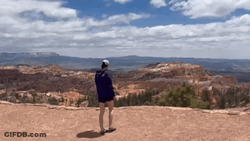 A Person Is Standing On Top Of A Mountain Looking At The Landscape . GIF
