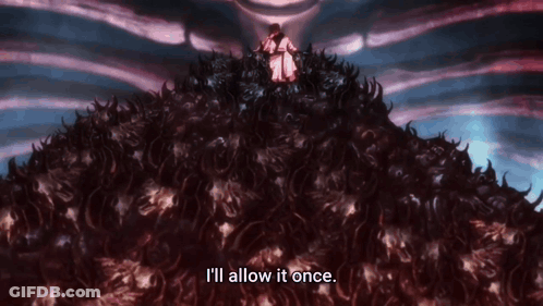 A Person Is Standing On Top Of A Pile Of Skulls With The Words `` I 'Ll Allow It Once '' . GIF