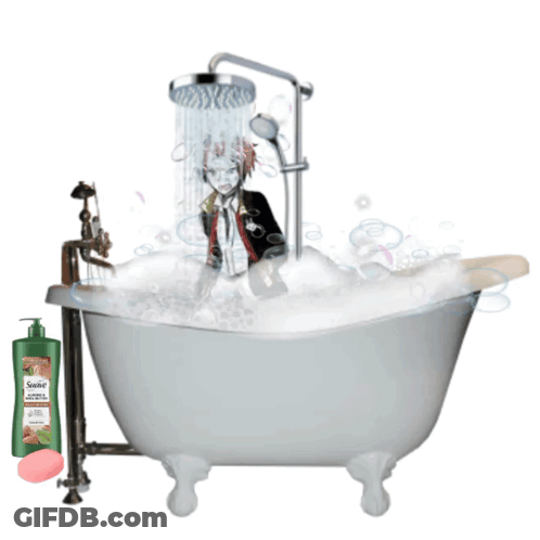 A Person Is Taking A Bath In A Bathtub Next To A Bottle Of Saine GIF
