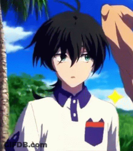 A Person Is Touching A Boy 'S Head With Their Hand While He Is Wearing A White Shirt And Purple Collar . GIF