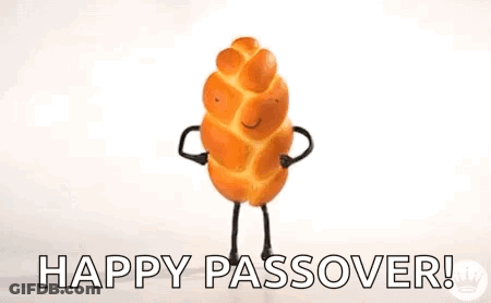 A Person Is Touching A Loaf Of Bread With Arms And Legs And The Words `` Happy Passover '' . GIF