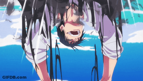 A Person Is Upside Down With Their Mouth Open And A Blue Sky In The Background GIF