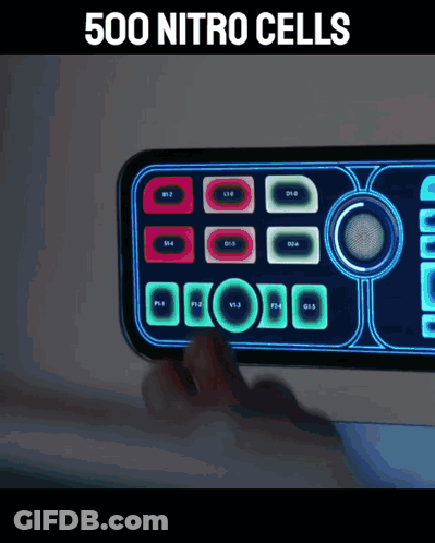 A Person Is Using A Remote Control With The Words 500 Nitro Cells Written Above It GIF