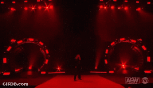 A Person Is Walking Down A Red Carpet On A Stage With Red Lights Behind Them . GIF