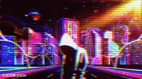 A Person Is Walking Down A Street With A City In The Background . GIF