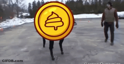 A Person Is Walking In The Snow With A Coin In Front Of Their Head That Looks Like A Poop . GIF