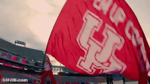 A Person Is Waving A Large Red Flag With The Letter H On It In A Stadium . GIF