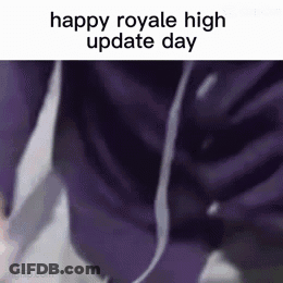 A Person Is Wearing Headphones And A Purple Shirt With The Words `` Happy Royale High Update Day '' On It . GIF