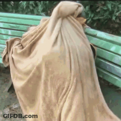 A Person Is Wrapped In A Blanket While Sitting On A Green Bench . GIF