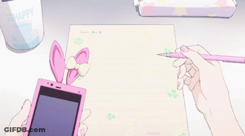 A Person Is Writing On A Piece Of Paper While Holding A Pink Phone GIF