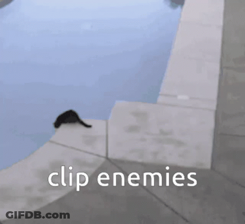 A Person Jumping Over A Black Cat With The Words Clip Enemies Behind Them GIF