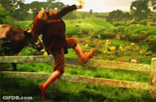 A Person Jumping Over A Wooden Fence With A Cow In The Background GIF