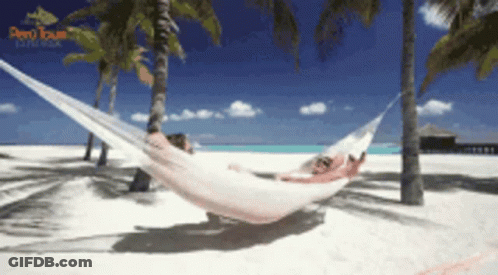 A Person Laying In A Hammock On A Beach With The Word Peru Tour On The Bottom Right GIF