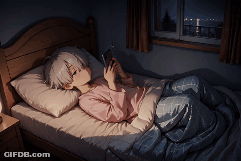 A Person Laying On A Bed Looking At A Phone GIF