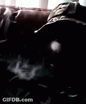 A Person Laying On A Couch Wearing A Camouflage Hat GIF
