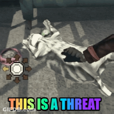 A Person Laying On The Floor With The Words " This Is A Threat " On The Bottom GIF