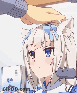 A Person Petting A Cat Girl 'S Head While She Holds A Book With A Fish On It GIF