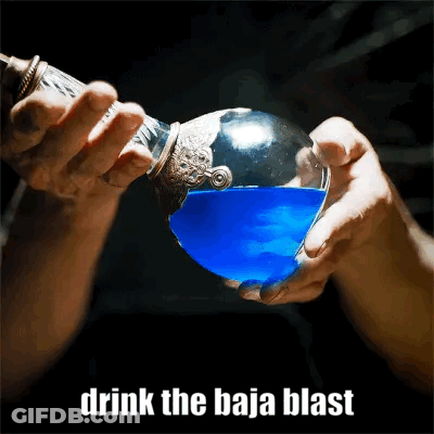 A Person Pouring Blue Liquid Into A Glass With The Words Drink The Baja Blast GIF