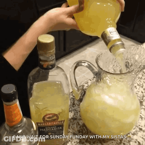 A Person Pouring Margaritaville Into A Pitcher With The Caption Cant Wait For Sunday Funday With My Sistas GIF