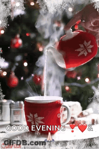 A Person Pouring Milk Into A Cup With The Words Good Evening And Hearts GIF
