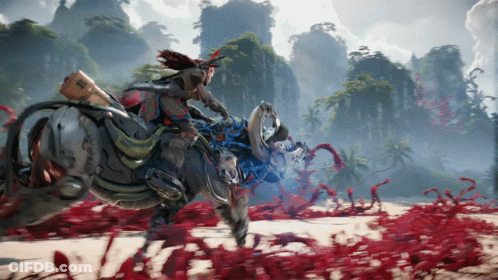 A Person Riding A Horse In A Video Game With A Landscape In The Background GIF