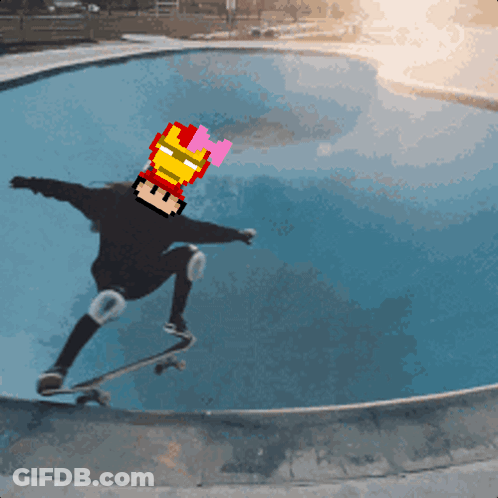 A Person Riding A Skateboard In A Pool With A Pixelated Iron Man Head GIF