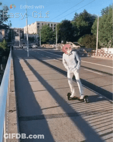 A Person Riding A Skateboard On A Bridge With The Words Edited With Easy Gif At The Bottom GIF
