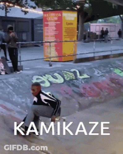 A Person Riding A Skateboard On A Ramp With The Word Kamikaze On The Bottom GIF