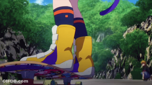 A Person Riding A Skateboard With A Purple Tail On The Back GIF