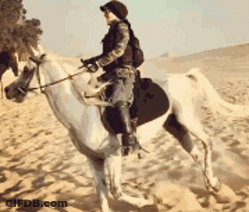 A Person Riding A White Horse In The Desert GIF