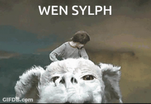 A Person Riding On The Back Of A White Dog With The Words Wen Sylph Written Above Them GIF
