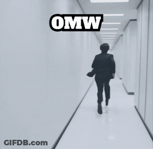 A Person Running Down A Hallway With The Word Omw On The Top GIF