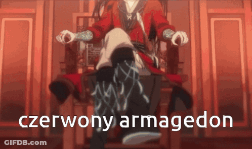 A Person Sitting In A Chair With The Words Czerwony Armageddon Written On The Bottom GIF
