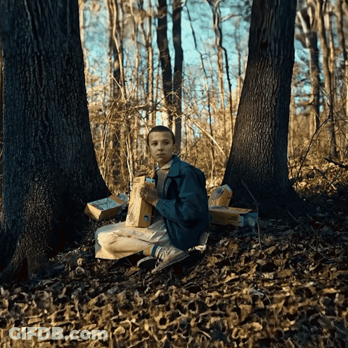 A Person Sitting In The Woods With A Bag Of Mcdonald 'S GIF