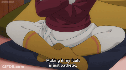 A Person Sitting On A Pillow With Their Legs Crossed And The Words Making It My Fault Is Just Pathetic GIF