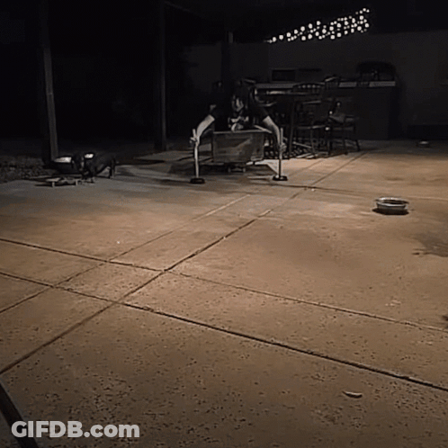 A Person Sitting On A Wooden Box On A Patio GIF